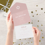 Modern White Typography On Blue Bat Mitzvah All In All In One Invitation<br><div class="desc">An elegant dusty Pink Bat Mitzvah invitation, easy to personalize with your details. PLEASE NOTE: This invitation is ready to send without an envelope; include the return address on the backside; if you plan to send it using an envelope, please let in blank the return address details ( backside). GUEST...</div>