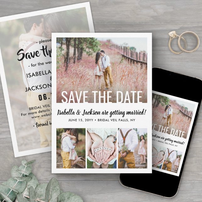 Modern White Typography Overlay Five Photo Wedding Save The Date (Creator Uploaded)