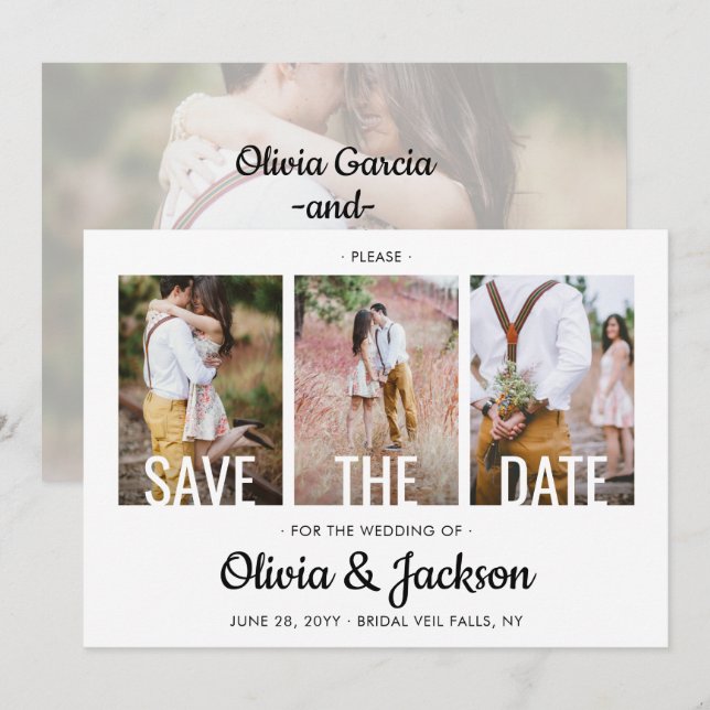 Modern White Typography Overlay Four Photo Wedding Save The Date (Front/Back)