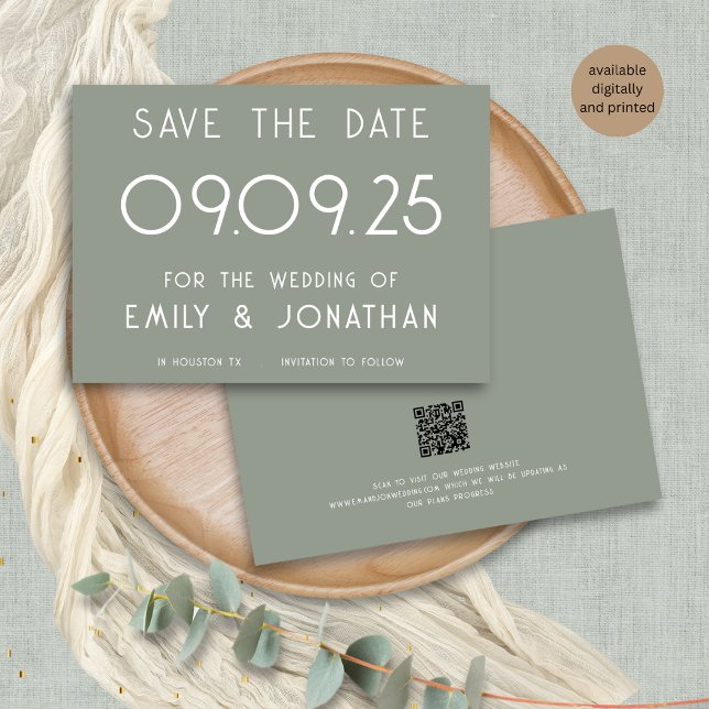 Modern White Typography Sage Green Wedding Save The Date (Front and back view)