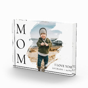 Modern White Unique Brushstroke  I Love You Mom Photo Block