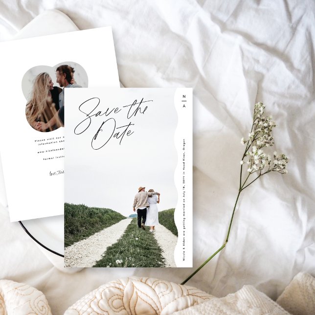 Modern White Wavy Edge Minimal Monogram  Save The Date (Creator Uploaded)