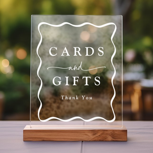 Modern White Wavy Frame Wedding Cards and Gifts Acrylic Sign (Please note: The wooden stand does not come with the sign. Zazzle sells a similar wood block.)