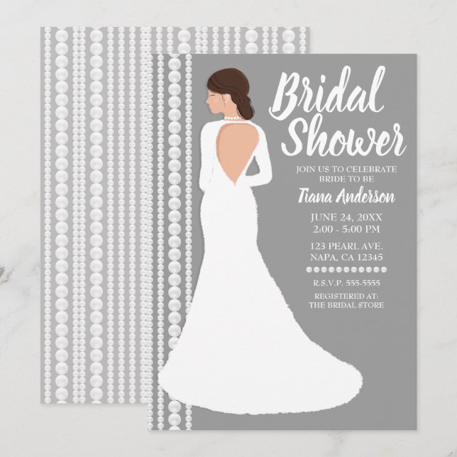 Modern White Wedding Dress & Pearls Bridal Shower Invitation (Front/Back)