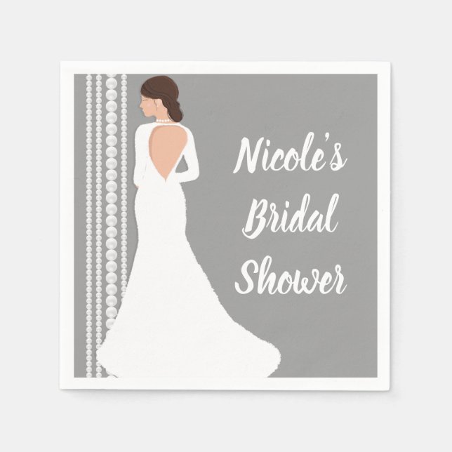 Modern White Wedding Dress & Pearls Bridal Shower Napkin (Front)