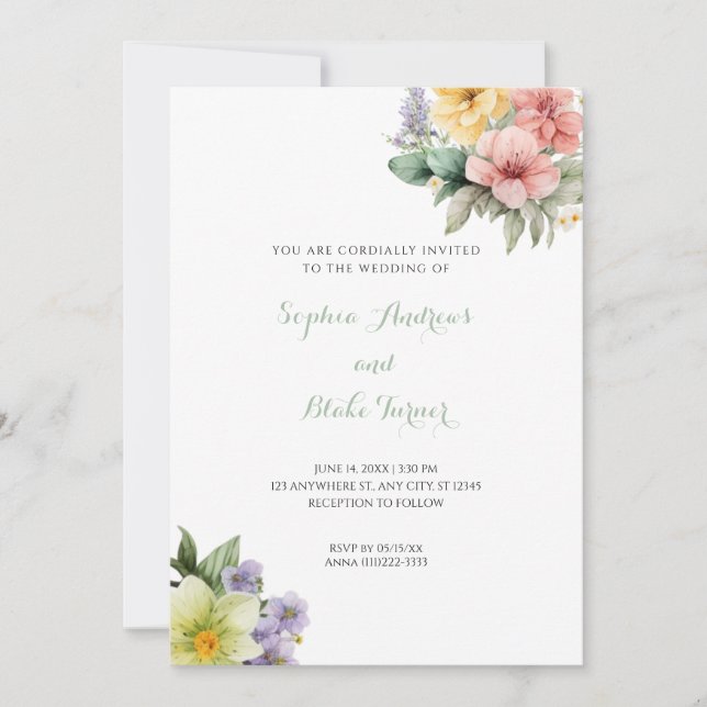 Modern White Wedding Invitation & Pastel Flowers (Front)
