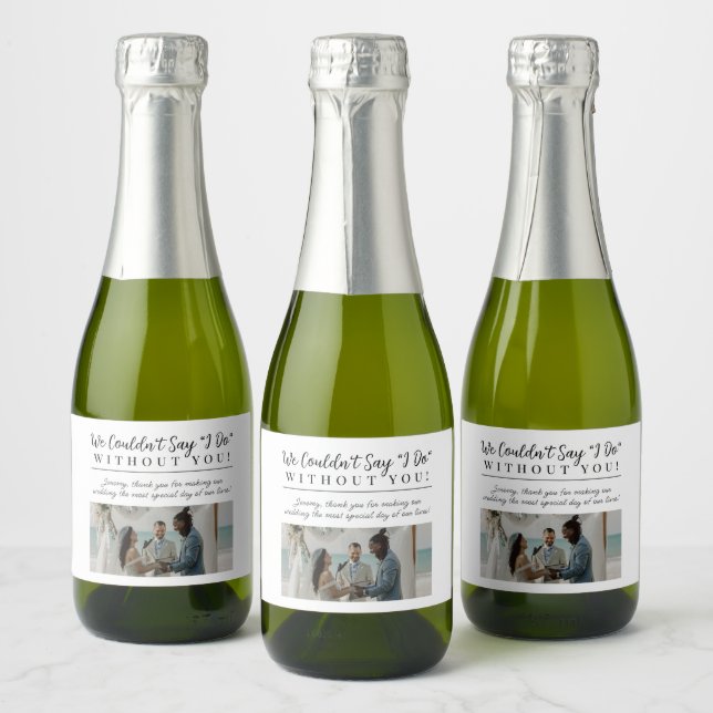 Modern White Wedding Officiant Gift with Photo Sparkling Wine Label (Bottles)