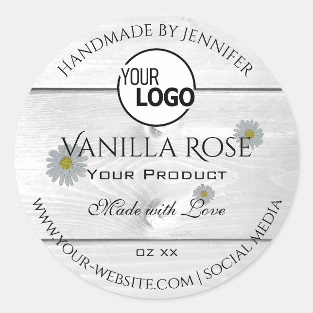 Modern White Wood Grain Product Labels Floral Logo (Front)