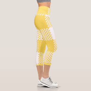 Modern White & Yellow Plaid Capri Leggings