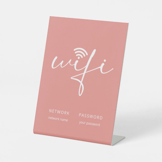 Modern WiFi Script Network Password Coral Pink Pedestal Sign (Front)