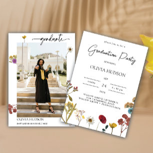 modern wild flowers calligraphy photo graduation invitation