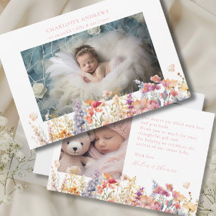 Modern, Wildflower, 2 Photo New Baby Thank You  Card
