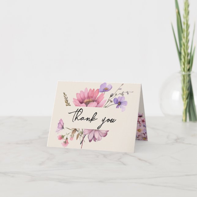 Modern Wildflower Beige Wedding Folded Thank You Card (Front)
