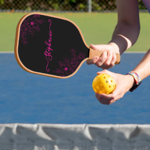 Modern Wildflower Black Pink Script Name Floral Pickleball Paddle