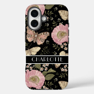 Modern Wildflower Botanical Black Floral Monogram iPhone 16 Case