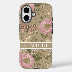 Modern Wildflower Botanical Floral Brown Monogram iPhone 16 Case