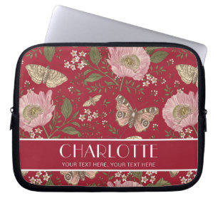 Modern Wildflower Botanical Red Floral Monogram Laptop Sleeve