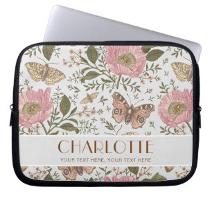 Modern Wildflower Botanical Red Floral Monogram Laptop Sleeve