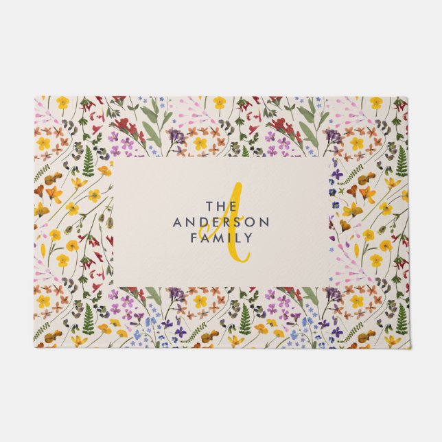 Modern wildflower colourful monogram floral doormat (Front)