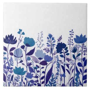 Modern Wildflower Dark Blue & White Floral Flowers Tile