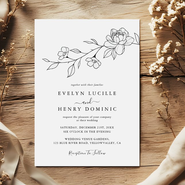 Modern Wildflower Floral Line Art Elegant Wedding Invitation (Creator Uploaded)