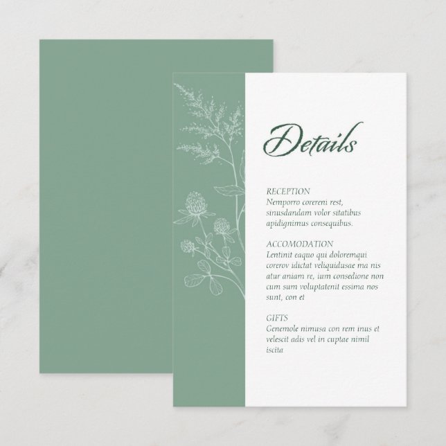 Modern Wildflower Minimal Sage Green Wedding Enclosure Card (Front/Back)