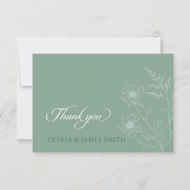 Modern Wildflower Minimal Sage Green Wedding Thank You Card (Front)