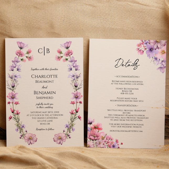 Modern Wildflower Monogram All In One Wedding Invitation (Creator Uploaded)