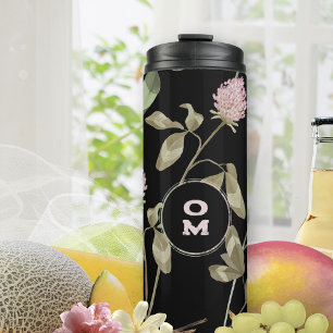 Modern Wildflower Monogram Black Rose Clover Thermal Tumbler