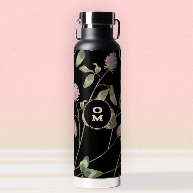Modern WIldflower Monogram Rose Green Large Clover Water Bottle (Clover Black Botanical Water Bottle ©Susanne Sachers - Sunny Mind Design 🌞)