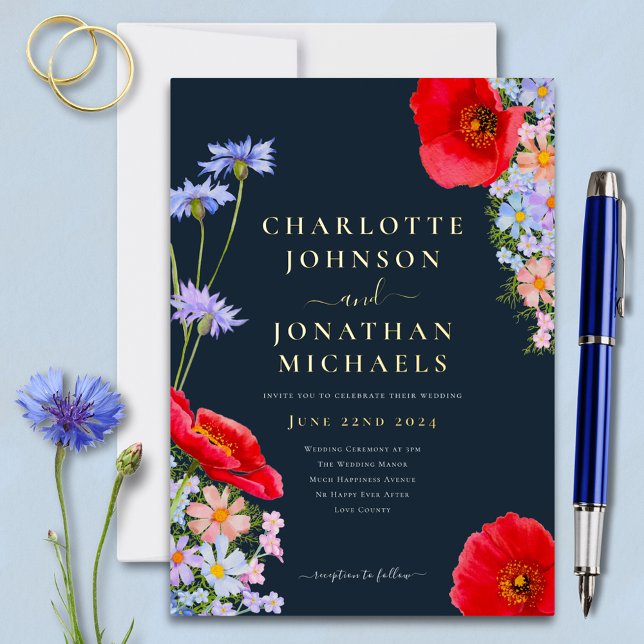 Modern Wildflower Navy Blue Gold (Modern colorful wildflower navy blue and gold foil wedding invitation with red poppy)