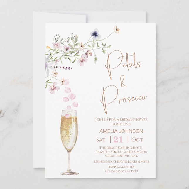 Modern Wildflower Petal and Prosecco Bridal Shower Invitation (Front)
