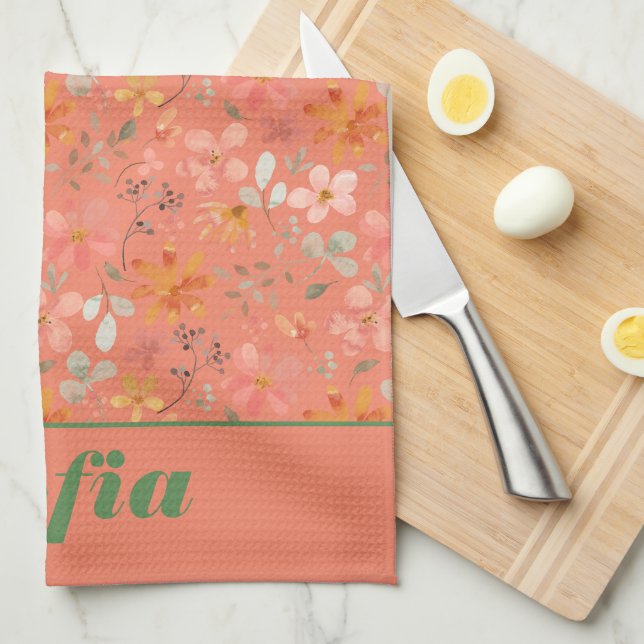 Modern wildflower pink yellow pattern name orange kitchen towel (Quarter Fold)