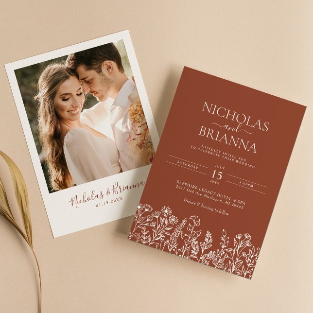 Modern Wildflower Terracotta Burnt Orange Wedding Invitation (Creator Uploaded)