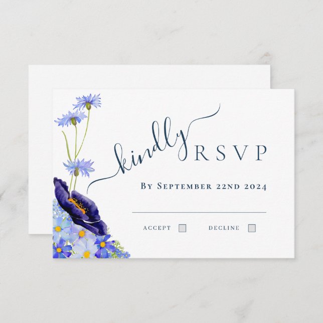 Modern Wildflower Watercolor Blue Wedding Reply RSVP Card (Front/Back)