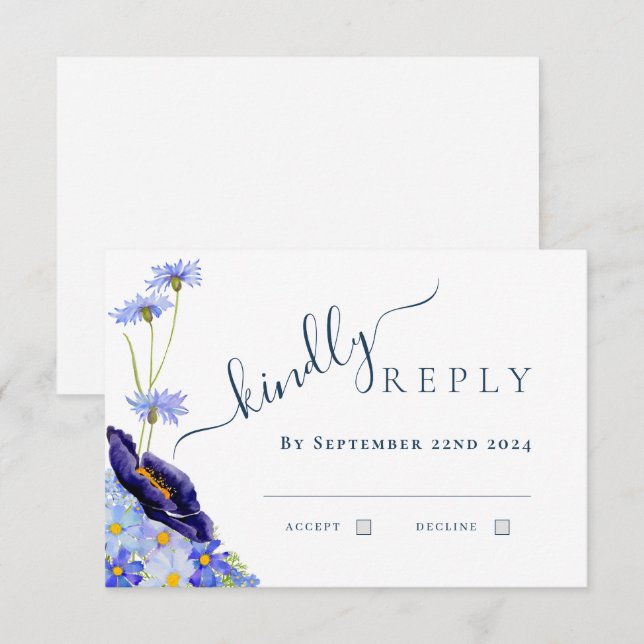 Modern Wildflower Watercolor Blue Wedding RSVP Card (Front/Back)