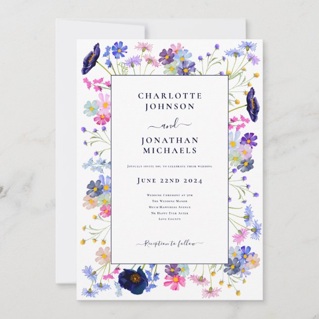 Modern Wildflower Watercolor Navy Blue Invitation (Front)