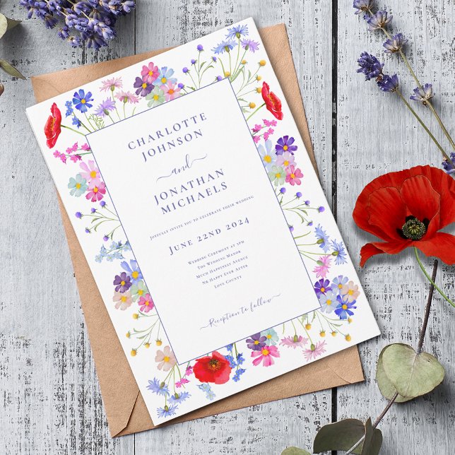 Modern Wildflower Watercolor Purple Wedding Invitation (Colorful wildflower boho chic watercolor & elegant purple typography and border wedding invitation )