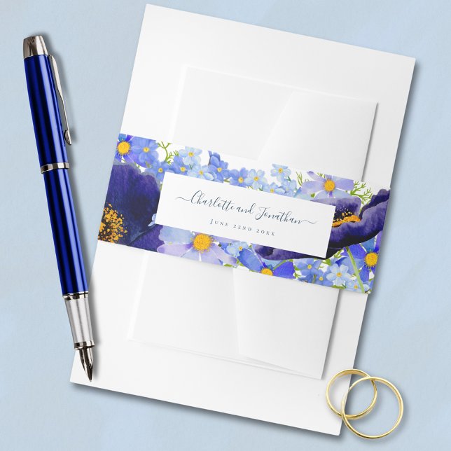 Modern Wildflower Wedding Invitation Belly Band (Modern blue summer floral watercolor wedding belly band with bride and groom names and wedding date)