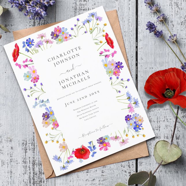 Modern Wildflower Wedding Invitation Postcard (Modern colorful wildflower budget wedding invitation with boho chic watercolor floral and typography)