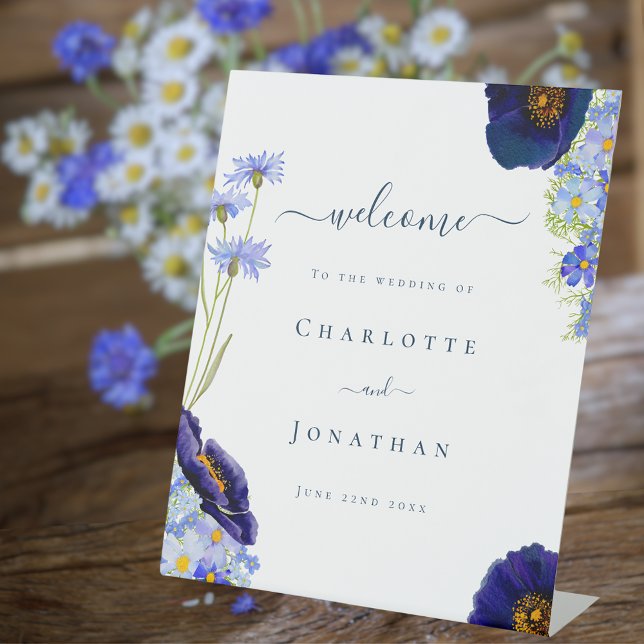Modern Wildflower Wedding Welcome Pedestal Sign (Elegant blue summer floral rustic wildflower wedding welcome with stylish typography script )