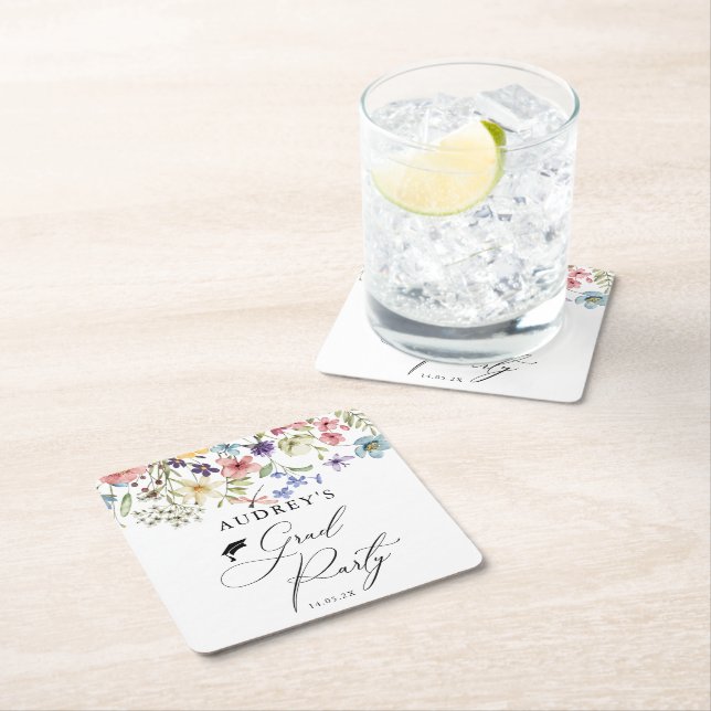 Modern Wildflowers Floral  Grad Party  Square Paper Coaster (Insitu)