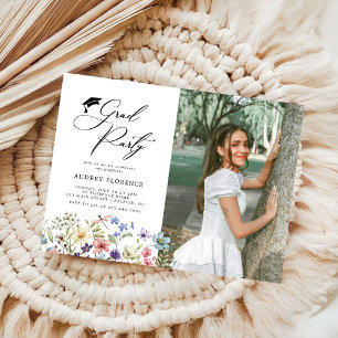 Modern Wildflowers Floral Photo Graduation Party Invitation