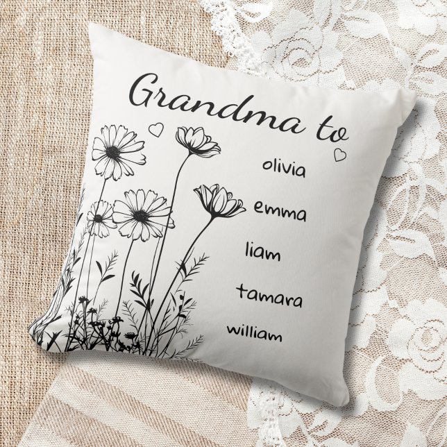 Modern Wildflowers Grandchildrens Names Grandma  Throw Pillow (Creator Uploaded)