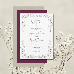 Modern Wildflowers Monogram Burgundy Wedding Invitation