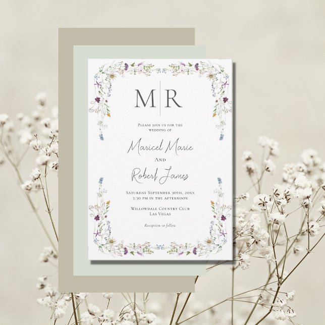 Modern Wildflowers Monogram Green Wedding Invitation (Creator Uploaded)