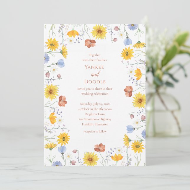 Modern wildflowers spring wedding invitation (Standing Front)