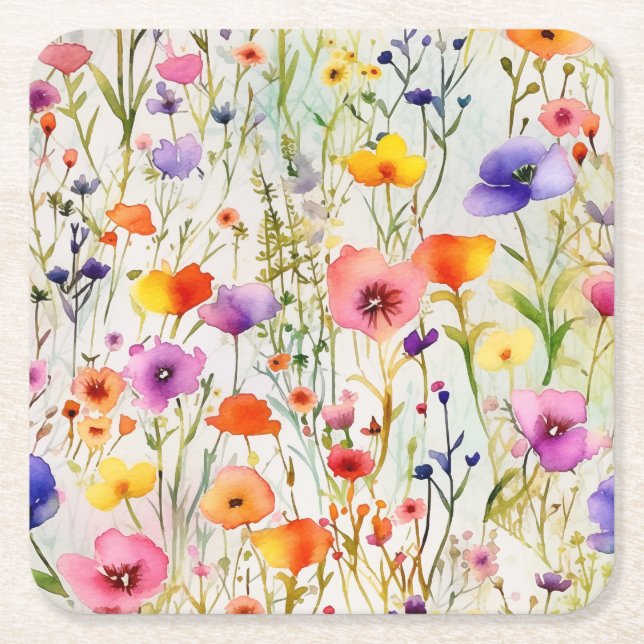 Modern wildflowers watercolor pattern square paper coaster (Front)