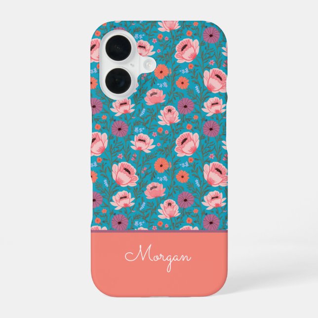 Modern Wildflowers with Name iPhone 16 Case (Back)