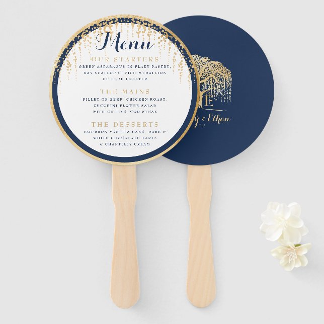 Modern Willow Tree Navy Blue Gold Wedding Menu Hand Fan (Front and Back)